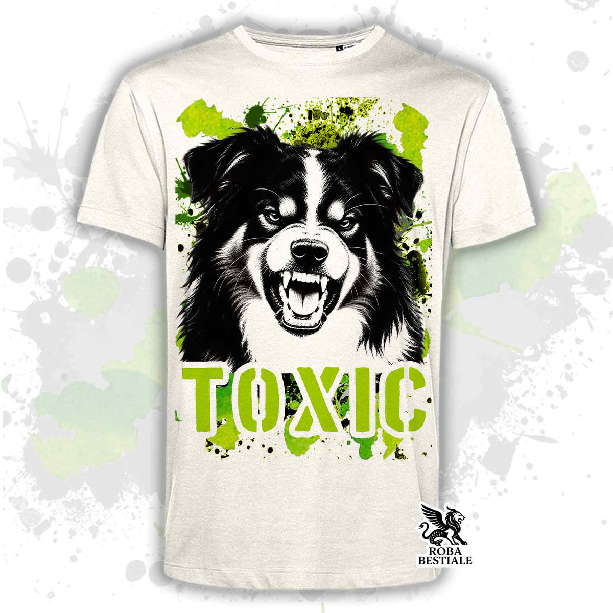 T-shirt beige stampata con un Australian Shepherd con espressione arrabbiata. Grafica originale Roba Bestiale, collezione Toxic