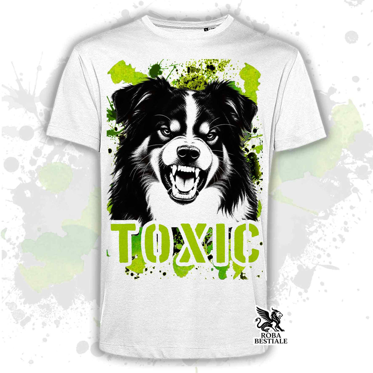 T-shirt bianca stampata con un Australian Shepherd con espressione arrabbiata. Grafica originale Roba Bestiale, collezione Toxic
