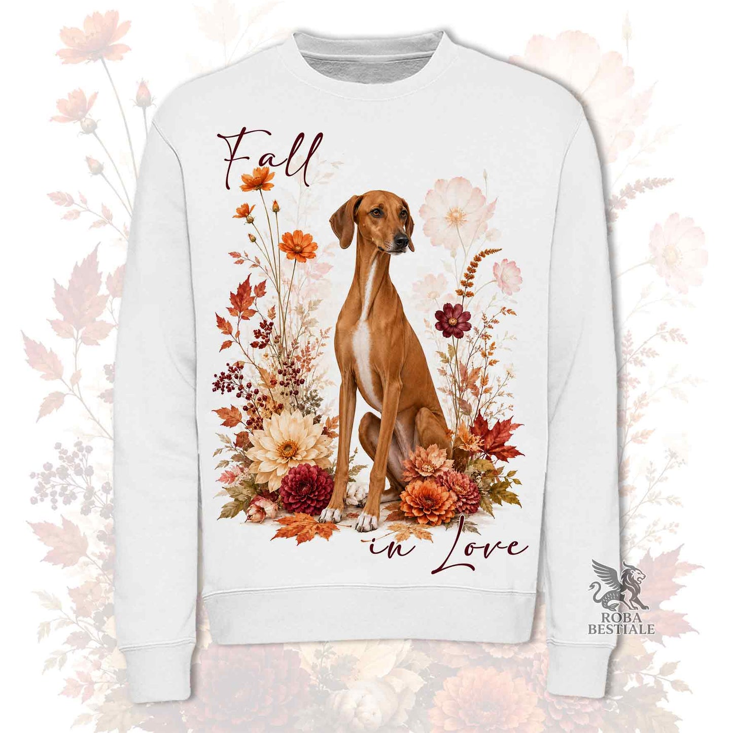 Felpa girocollo bianca stampata con un Azawakh seduto in mezzo a fiori e foglie autunnali. Grafica originale Roba Bestiale, collezione Fall in Love