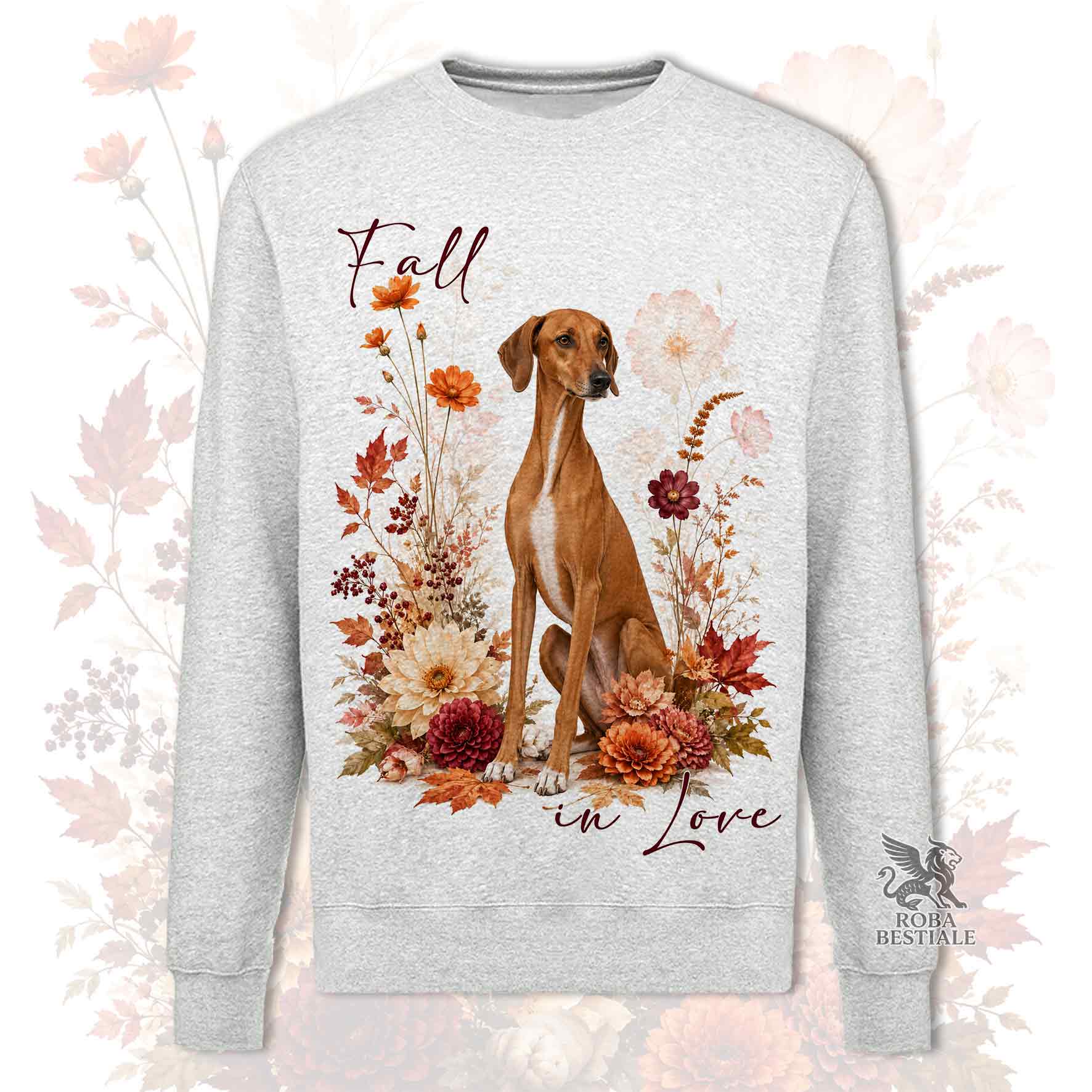 Felpa girocollo grigia stampata con un Azawakh seduto in mezzo a fiori e foglie autunnali. Grafica originale Roba Bestiale, collezione Fall in Love
