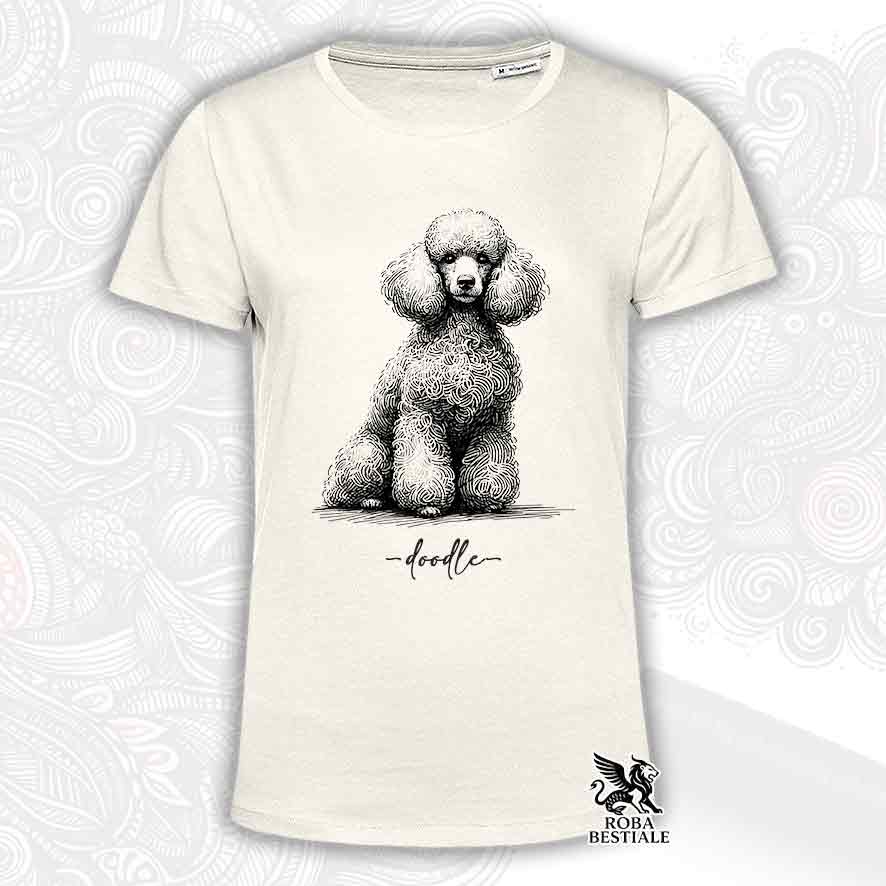 T-shirt beige stampata con un Barbone bianco, grafica Doodle