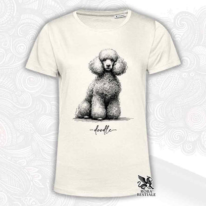 T-shirt beige stampata con un Barbone bianco, grafica Doodle