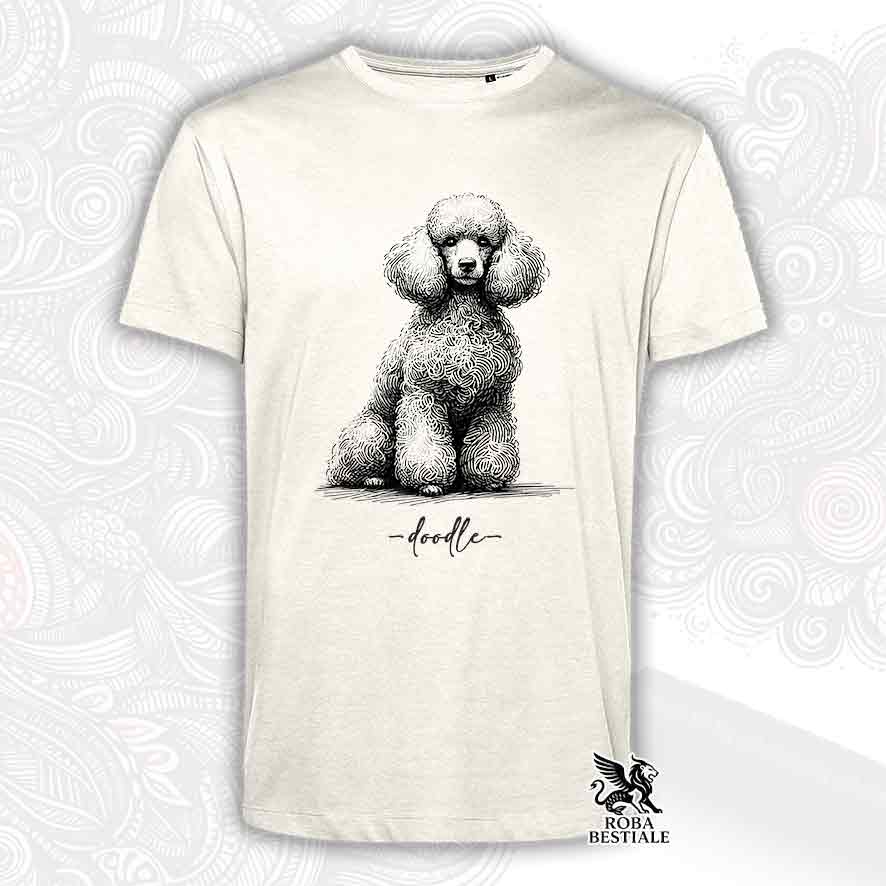 T-shirt beige stampata con un Barbone bianco, grafica Doodle