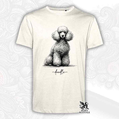 T-shirt beige stampata con un Barbone bianco, grafica Doodle