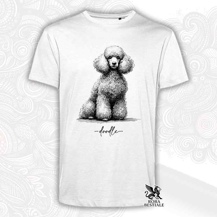 T-shirt bianca stampata con un Barbone bianco, grafica Doodle