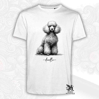 T-shirt bianca stampata con un Barbone bianco, grafica Doodle