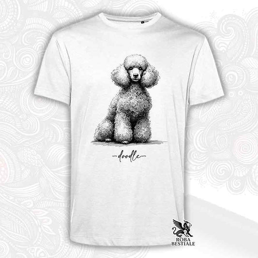 T-shirt bianca stampata con un Barbone bianco, grafica Doodle