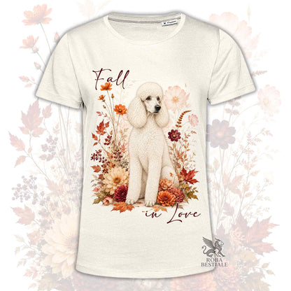 T-shirt beige stampata con un Barbone grande mole seduto in mezzo a fiori e foglie autunnali. Grafica originale Roba Bestiale, collezione Fall in Love