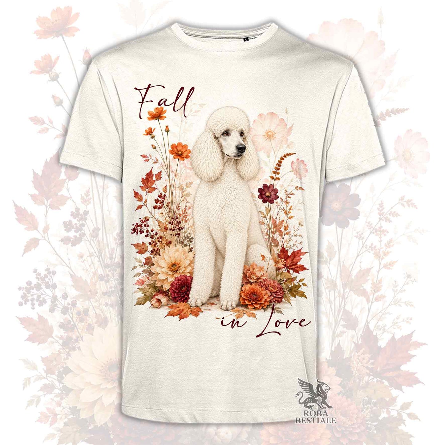 T-shirt beige stampata con un Barbone grande mole seduto in mezzo a fiori e foglie autunnali. Grafica originale Roba Bestiale, collezione Fall in Love