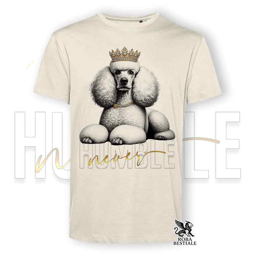 T-shirt stampata con Barbone grande mole bianco, colore beige con grafica Never Humble