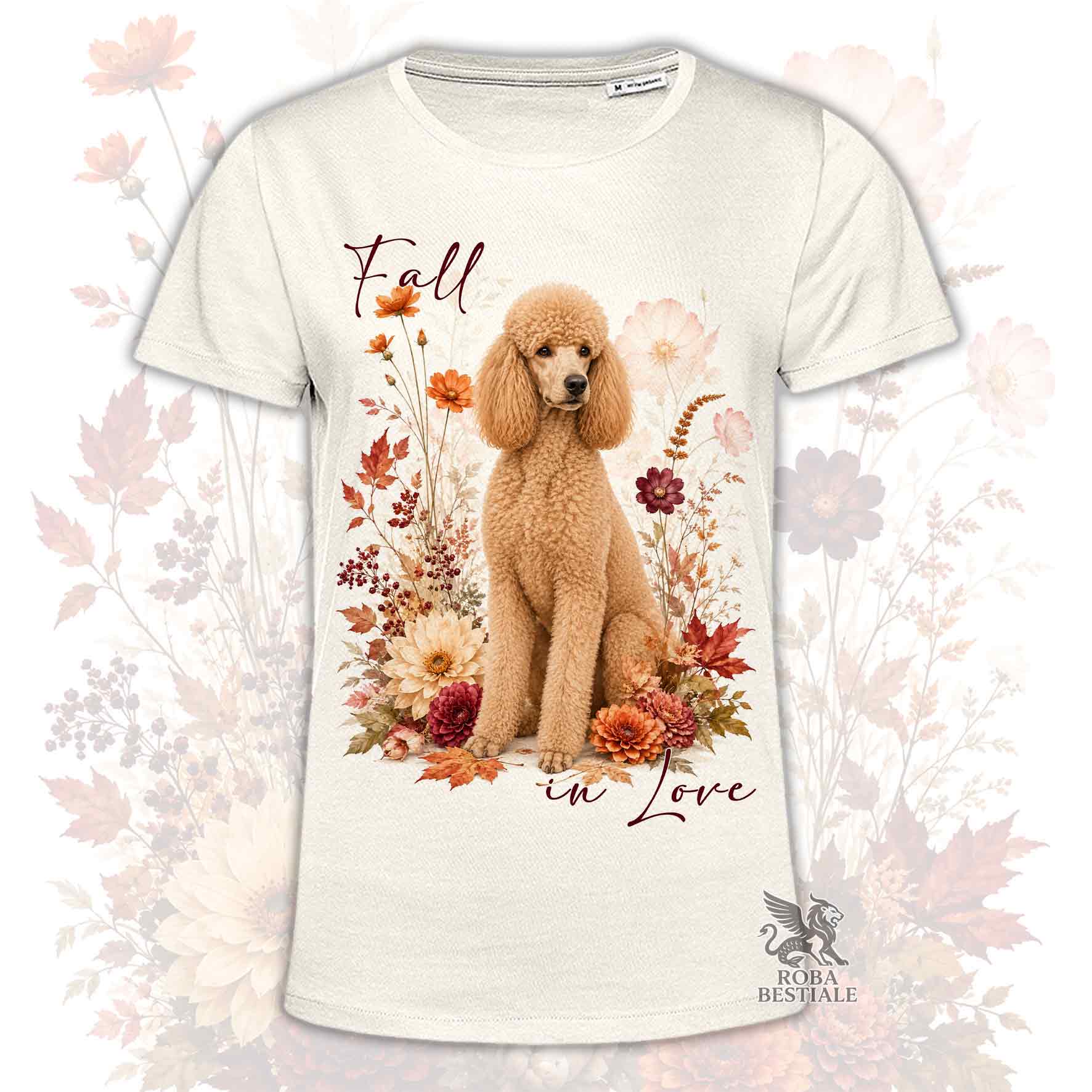 T-shirt beige stampata con un Barbone grande mole seduto in mezzo a fiori e foglie autunnali. Grafica originale Roba Bestiale, collezione Fall in Love