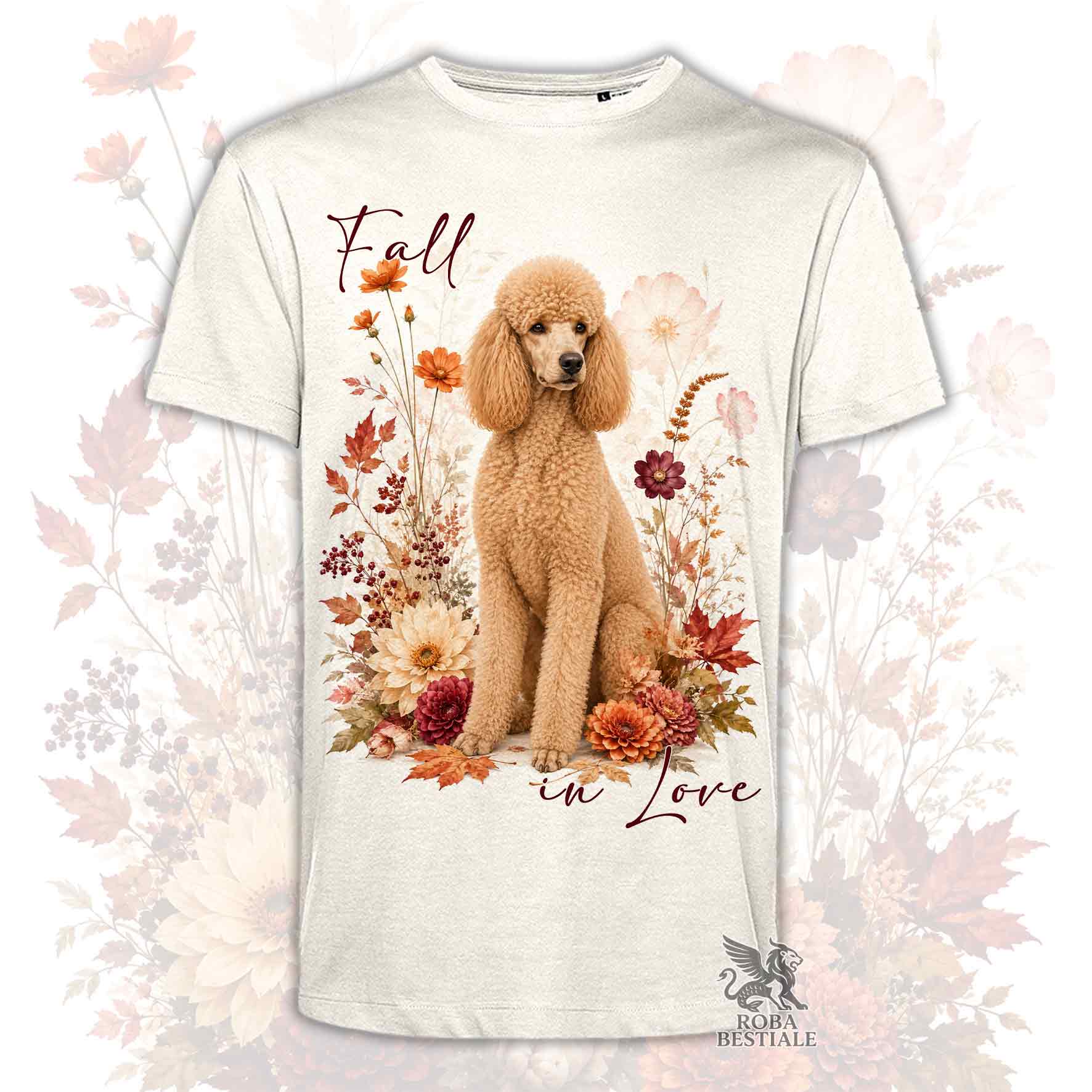 T-shirt beige stampata con un Barbone grande mole seduto in mezzo a fiori e foglie autunnali. Grafica originale Roba Bestiale, collezione Fall in Love