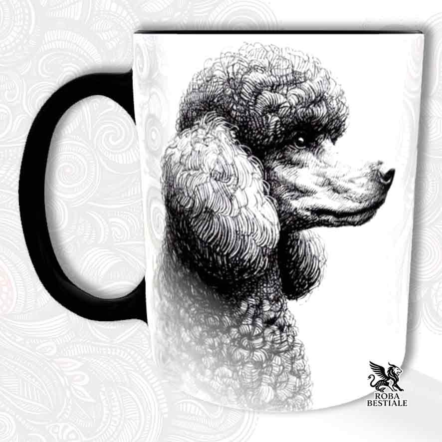 Tazza bianca con dettagli neri, stampata con un Barbone grande mole grigio, grafica Doodle