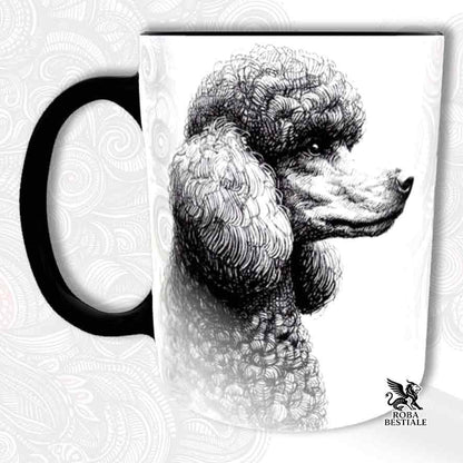 Tazza bianca con dettagli neri, stampata con un Barbone grande mole grigio, grafica Doodle