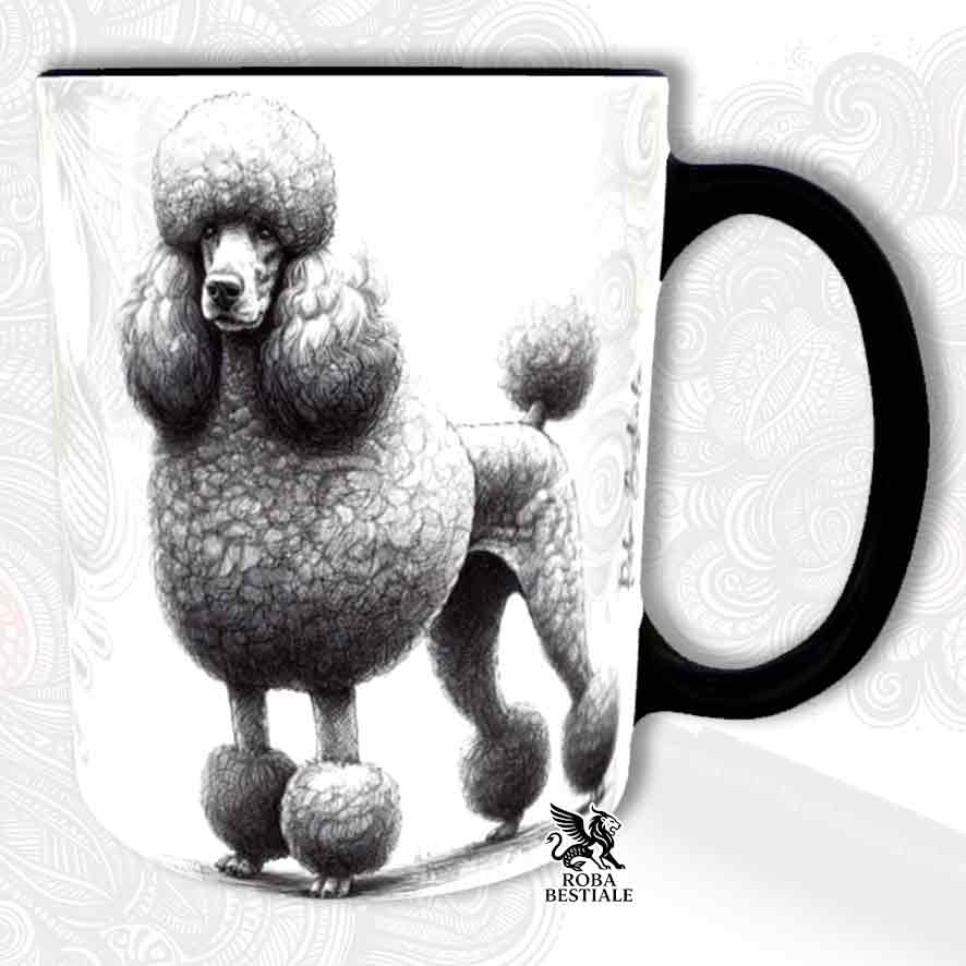 Tazza bianca con dettagli neri, stampata con un Barbone grande mole grigio, grafica Doodle