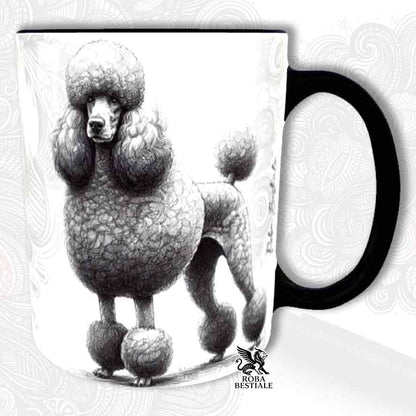 Tazza bianca con dettagli neri, stampata con un Barbone grande mole grigio, grafica Doodle