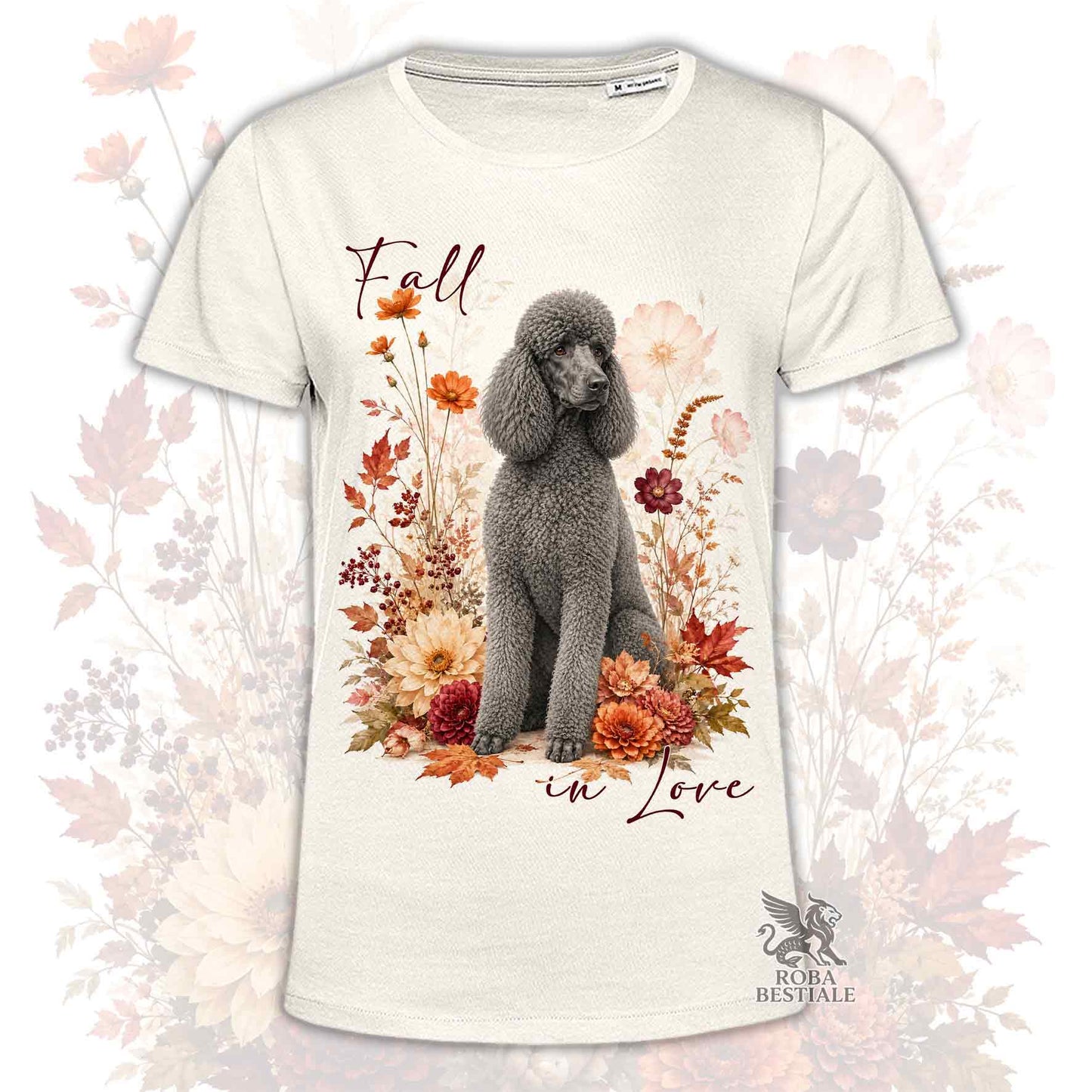 T-shirt beige stampata con un Barbone grande mole seduto in mezzo a fiori e foglie autunnali. Grafica originale Roba Bestiale, collezione Fall in Love