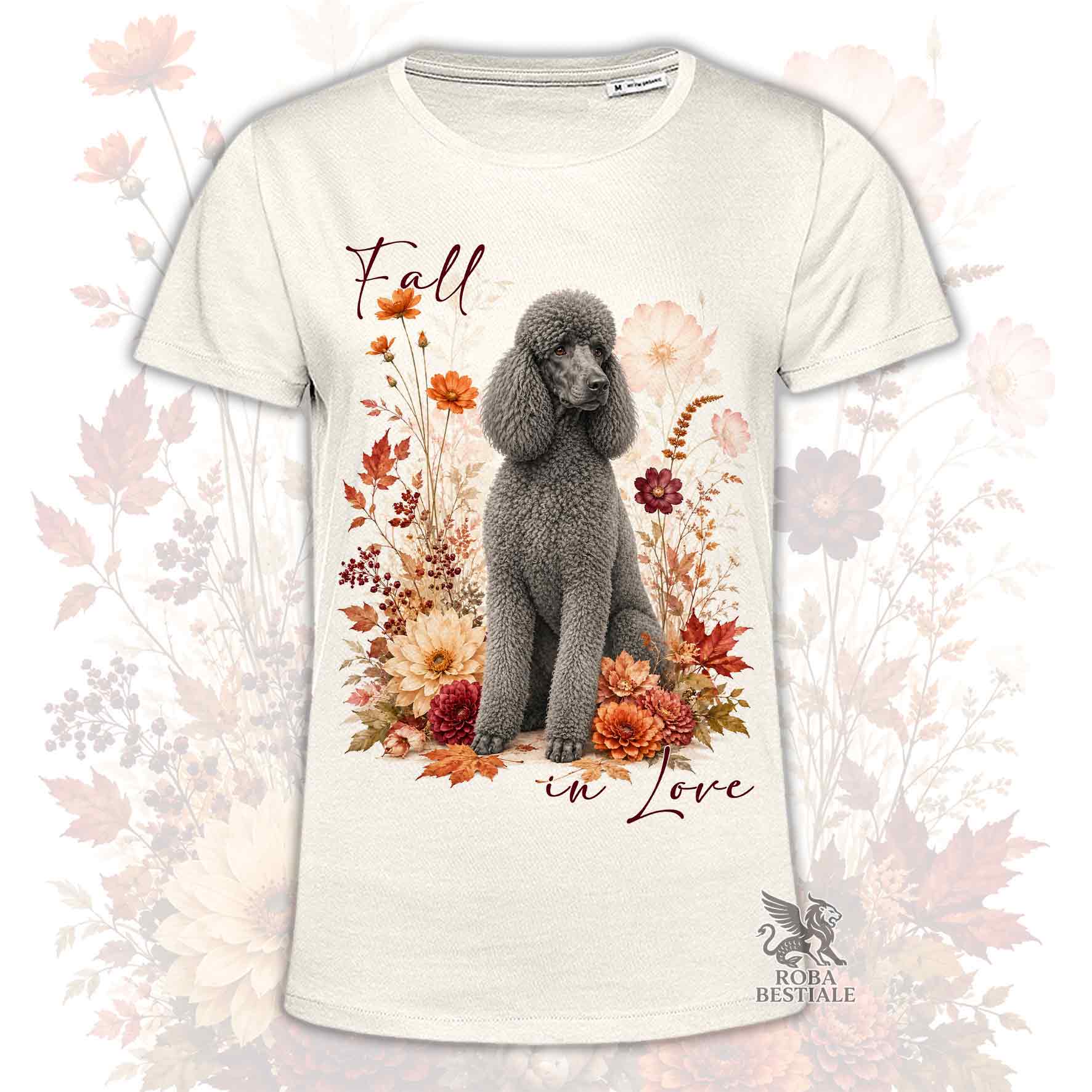 T-shirt beige stampata con un Barbone grande mole seduto in mezzo a fiori e foglie autunnali. Grafica originale Roba Bestiale, collezione Fall in Love
