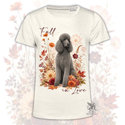 T-shirt beige stampata con un Barbone grande mole seduto in mezzo a fiori e foglie autunnali. Grafica originale Roba Bestiale, collezione Fall in Love