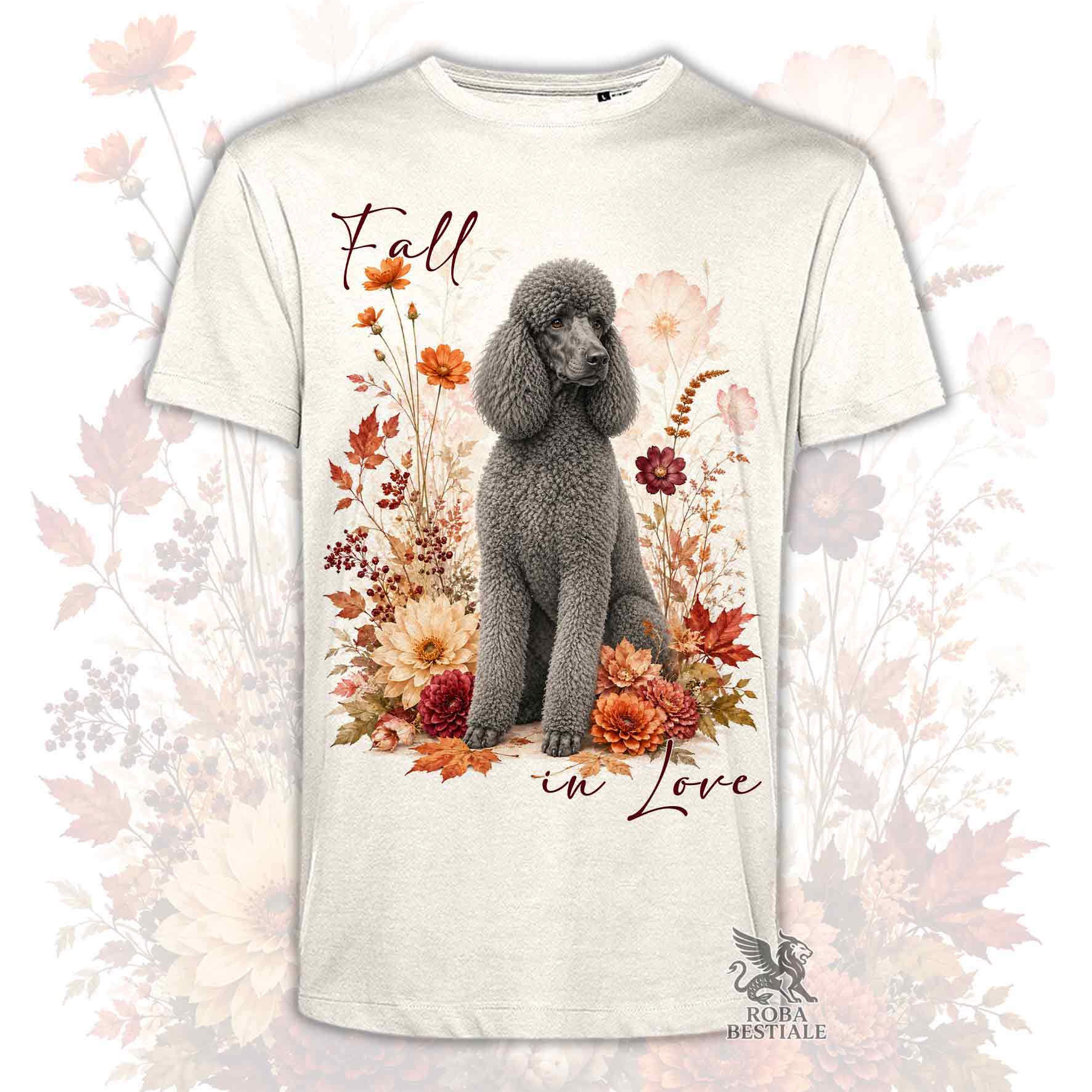 T-shirt beige stampata con un Barbone grande mole seduto in mezzo a fiori e foglie autunnali. Grafica originale Roba Bestiale, collezione Fall in Love