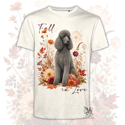 T-shirt beige stampata con un Barbone grande mole seduto in mezzo a fiori e foglie autunnali. Grafica originale Roba Bestiale, collezione Fall in Love