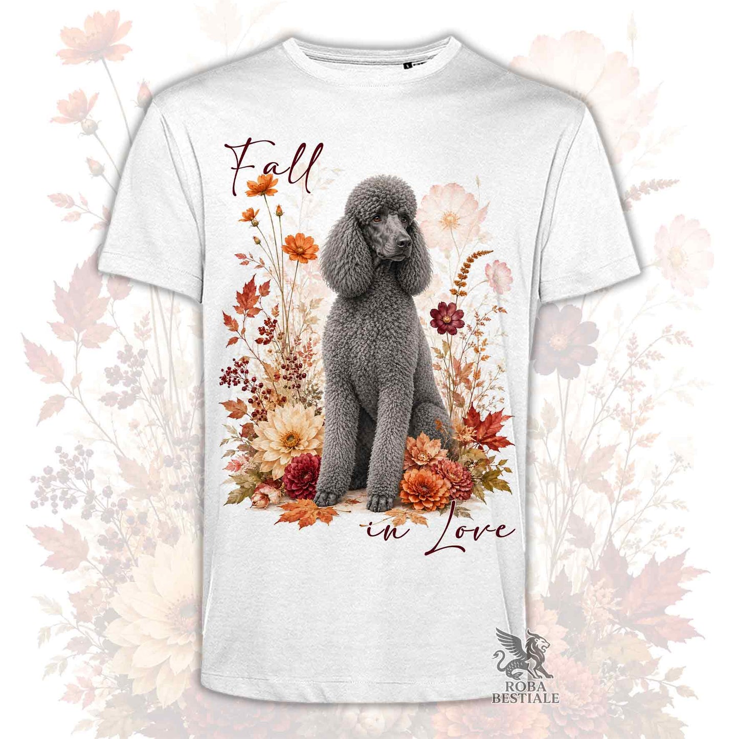 T-shirt bianca stampata con un Barbone grande mole seduto in mezzo a fiori e foglie autunnali. Grafica originale Roba Bestiale, collezione Fall in Love