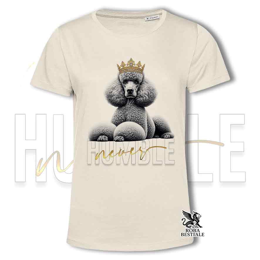 T-shirt beige stampata con un Barbone Grande Mole, grafica Never Humble