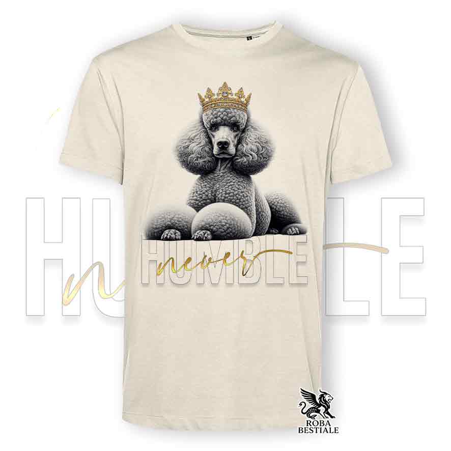 T-shirt beige stampata con un Barbone Grande Mole, grafica Never Humble