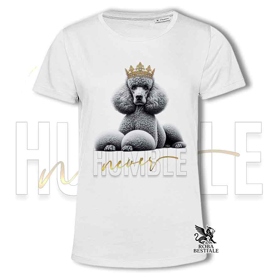 T-shirt bianca stampata con un Barbone Grande Mole, grafica Never Humble