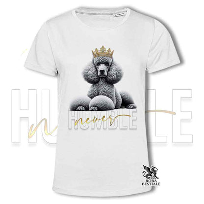 T-shirt bianca stampata con un Barbone Grande Mole, grafica Never Humble