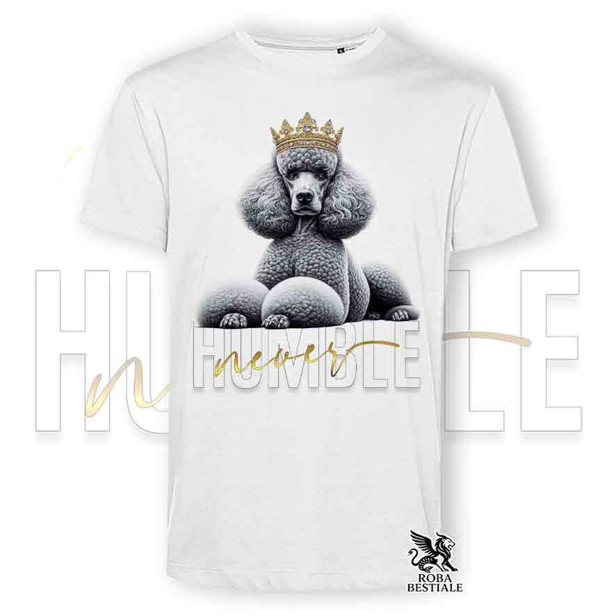 T-shirt bianca stampata con un Barbone Grande Mole, grafica Never Humble