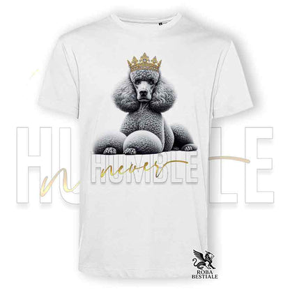 T-shirt bianca stampata con un Barbone Grande Mole, grafica Never Humble