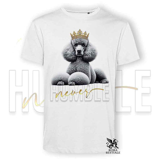 T-shirt bianca stampata con un Barbone Grande Mole, grafica Never Humble