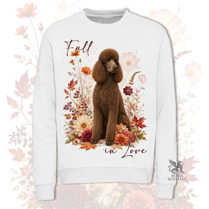 Felpa girocollo bianco stampata con un Barbone Grande Mole seduto in mezzo a fiori e foglie autunnali. Grafica originale Roba Bestiale, collezione Fall in Love