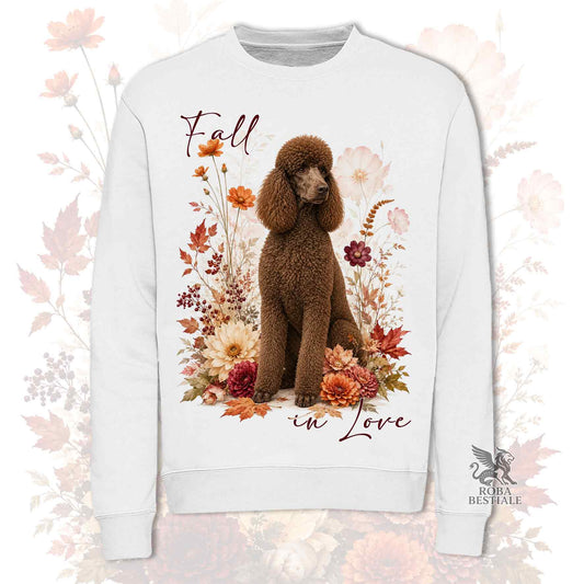 Felpa girocollo bianco stampata con un Barbone Grande Mole seduto in mezzo a fiori e foglie autunnali. Grafica originale Roba Bestiale, collezione Fall in Love