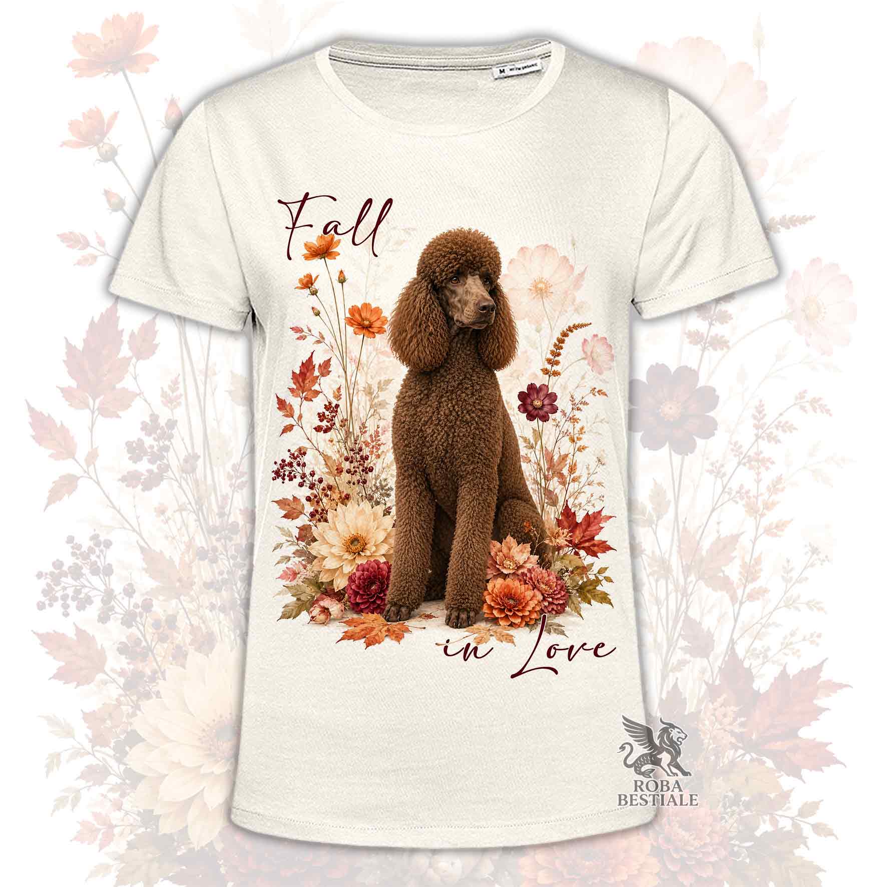 T-shirt beige stampata con un Barbone grande mole seduto in mezzo a fiori e foglie autunnali. Grafica originale Roba Bestiale, collezione Fall in Love