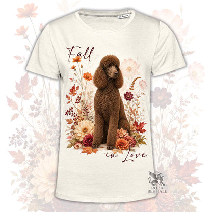 T-shirt beige stampata con un Barbone grande mole seduto in mezzo a fiori e foglie autunnali. Grafica originale Roba Bestiale, collezione Fall in Love