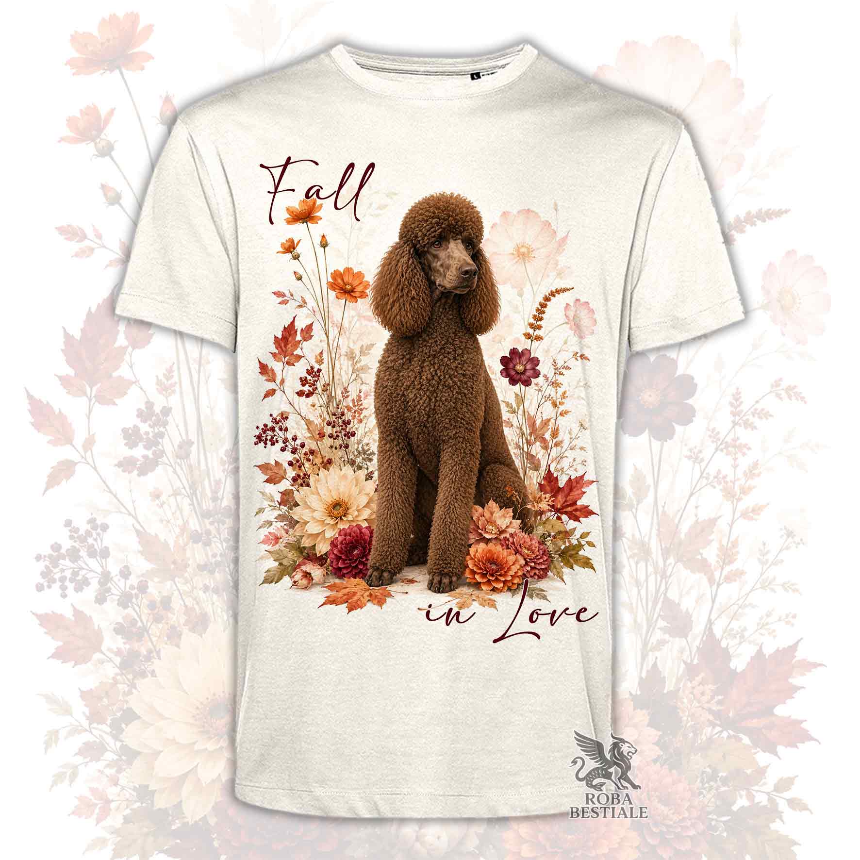 T-shirt beige stampata con un Barbone grande mole seduto in mezzo a fiori e foglie autunnali. Grafica originale Roba Bestiale, collezione Fall in Love
