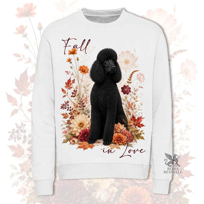 Felpa girocollo bianco stampata con un Barbone Grande Mole seduto in mezzo a fiori e foglie autunnali. Grafica originale Roba Bestiale, collezione Fall in Love