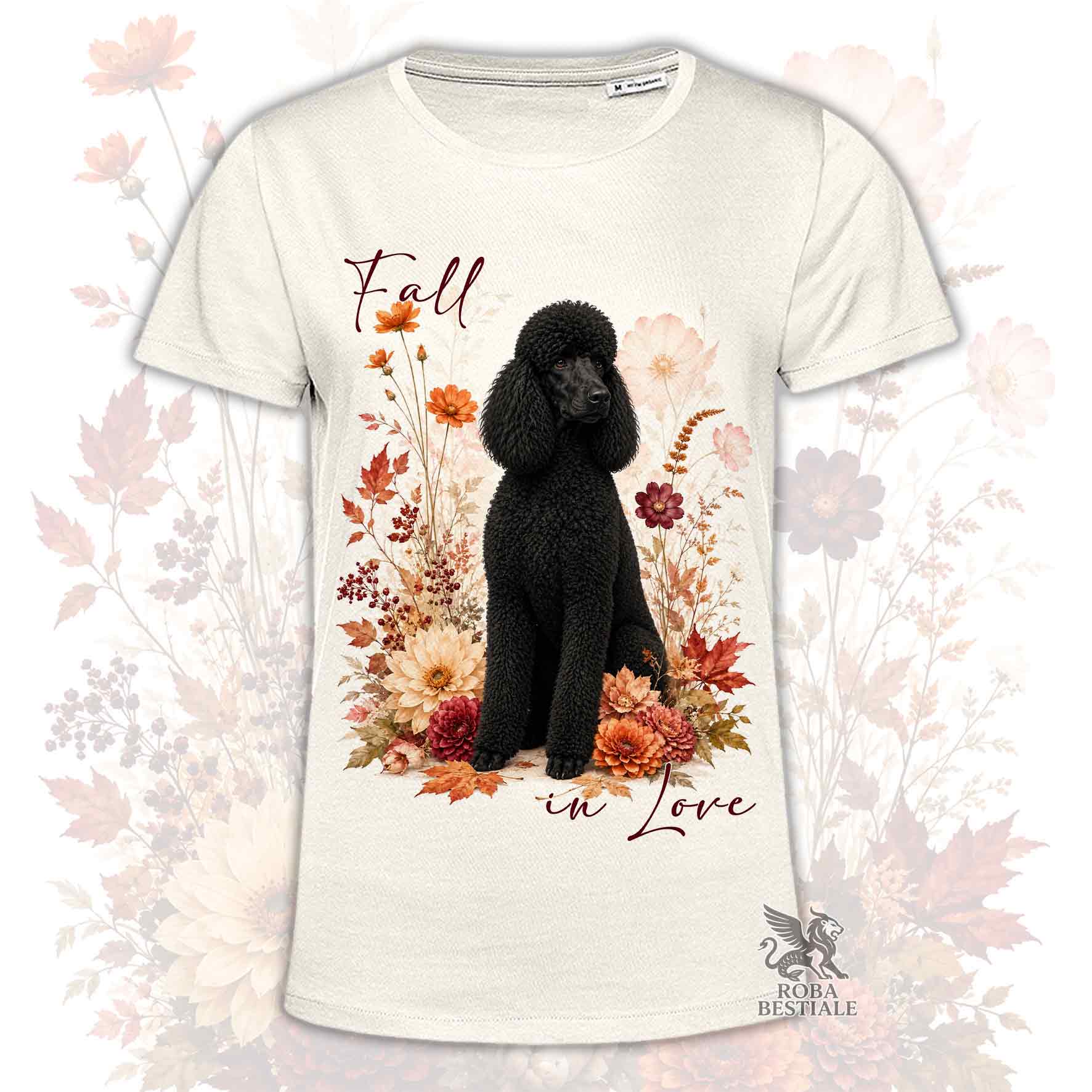 T-shirt beige stampata con un Barbone grande mole seduto in mezzo a fiori e foglie autunnali. Grafica originale Roba Bestiale, collezione Fall in Love