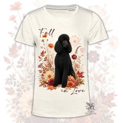 T-shirt beige stampata con un Barbone grande mole seduto in mezzo a fiori e foglie autunnali. Grafica originale Roba Bestiale, collezione Fall in Love