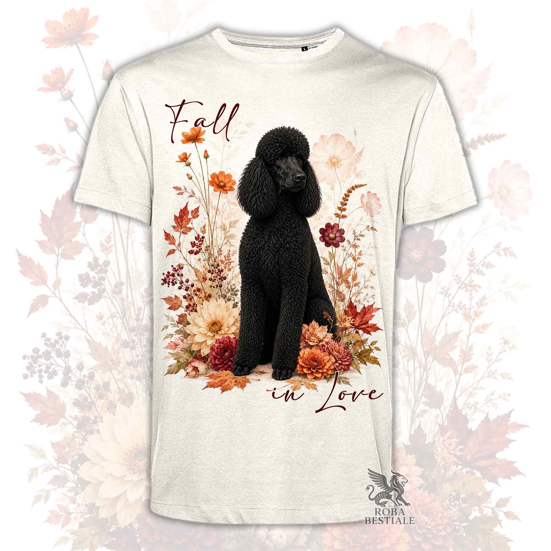 T-shirt beige stampata con un Barbone grande mole seduto in mezzo a fiori e foglie autunnali. Grafica originale Roba Bestiale, collezione Fall in Love