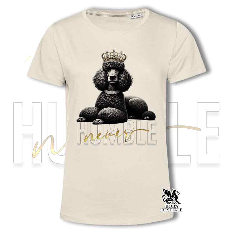 T-shirt beige stampata con un Barbone Grande Mole, grafica Never Humble