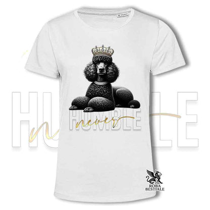 T-shirt bianca stampata con un Barbone Grande Mole, grafica Never Humble