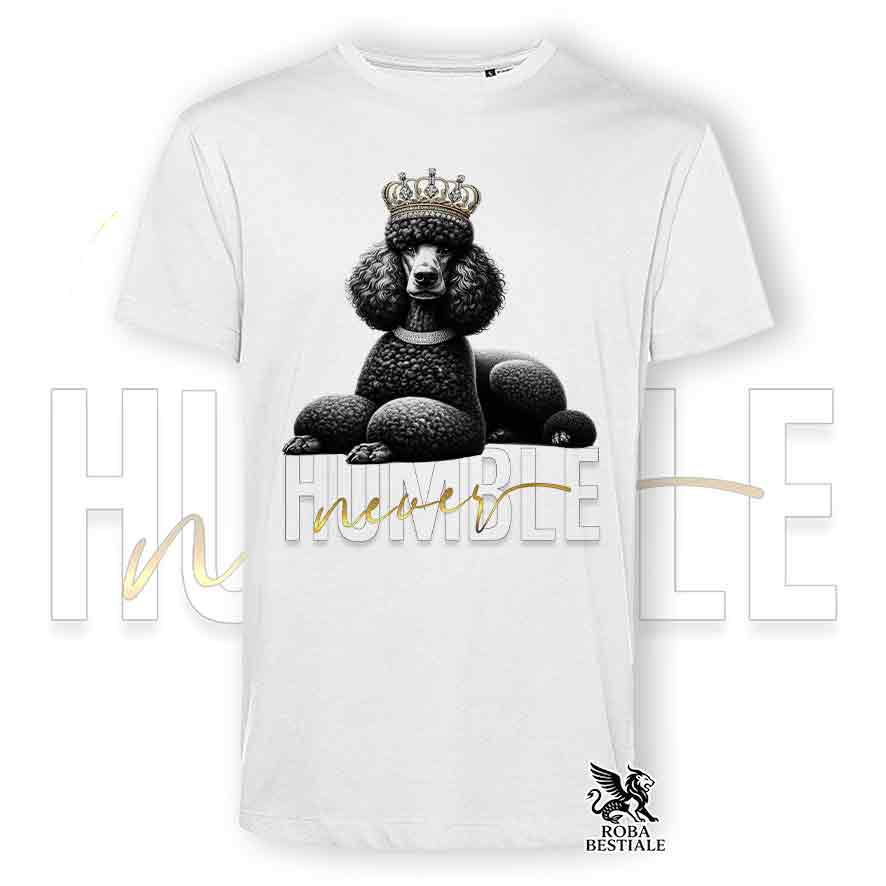 T-shirt bianca stampata con un Barbone Grande Mole, grafica Never Humble