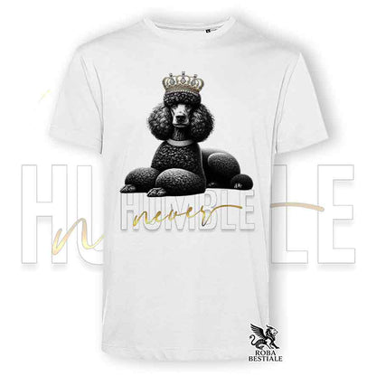 T-shirt bianca stampata con un Barbone Grande Mole, grafica Never Humble