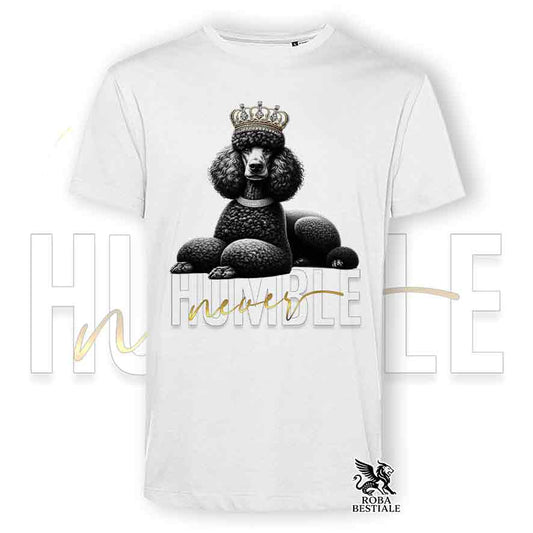 T-shirt bianca stampata con un Barbone Grande Mole, grafica Never Humble