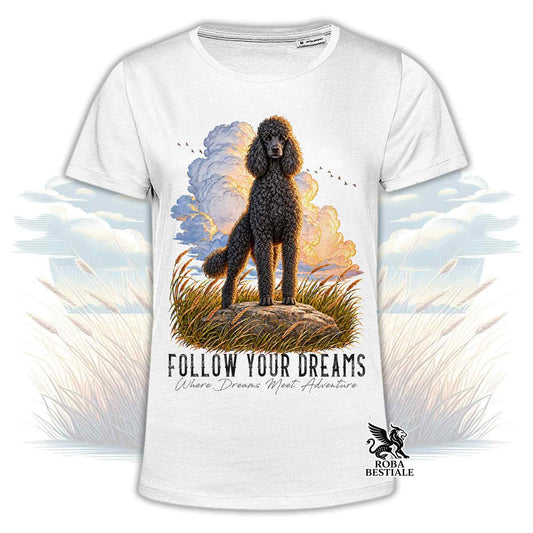 T-shirt bianca con stampa cane nero, nuvole e logo “BOBA BESTIALE” in basso