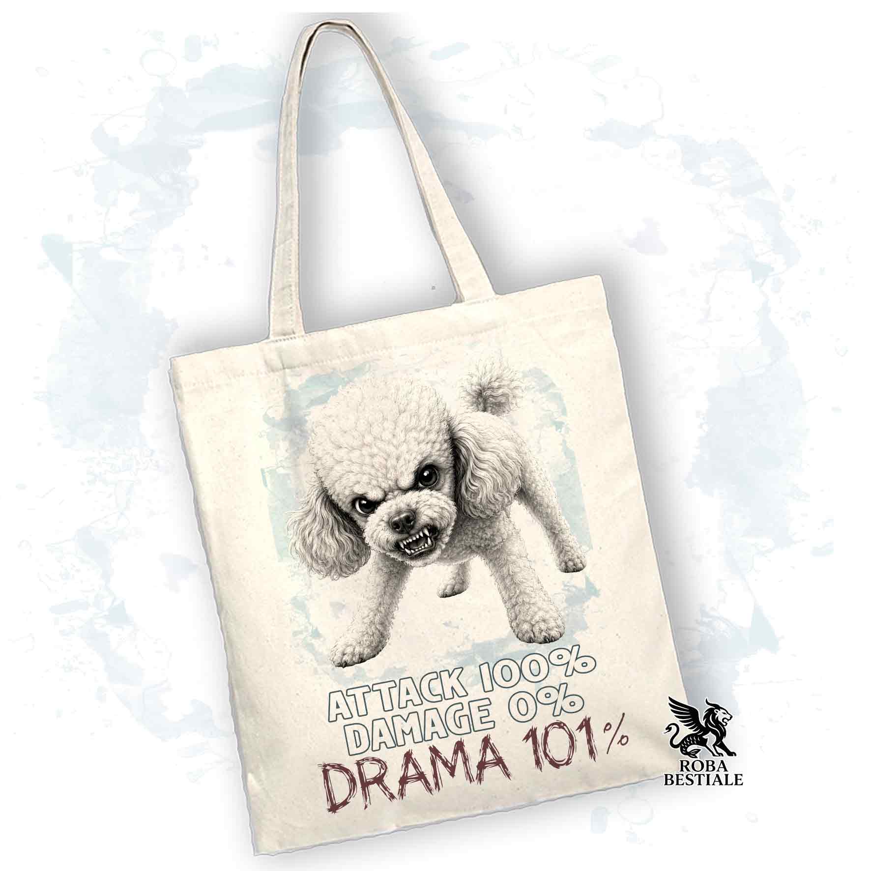 Borsa Tote beige con stampata un Barbone, grafica Drama 101 originale di Roba Bestiale 