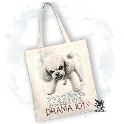 Borsa Tote beige con stampata un Barbone, grafica Drama 101 originale di Roba Bestiale 